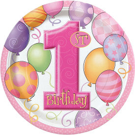 First Birthday Pink Balloons Round - Dessert Plates