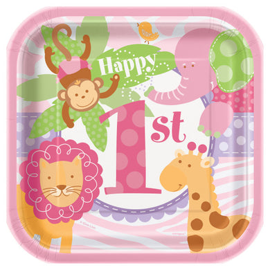 Pink Safari 1st Birthday Square - Dessert Plates