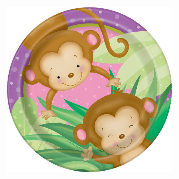 Girl Monkey Baby Shower Ronde - Assiettes à dîner